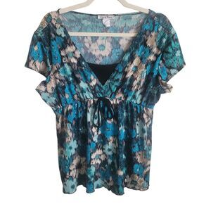 Carol Rose Y2K Floral Babydoll Blouse Womens XL Black Blue Tie Waist Vintage 90s